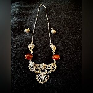 STUNNING STERLING SILVER, MARCASITE & CARNELIAN NECKLACE & EARRING SET, MINT